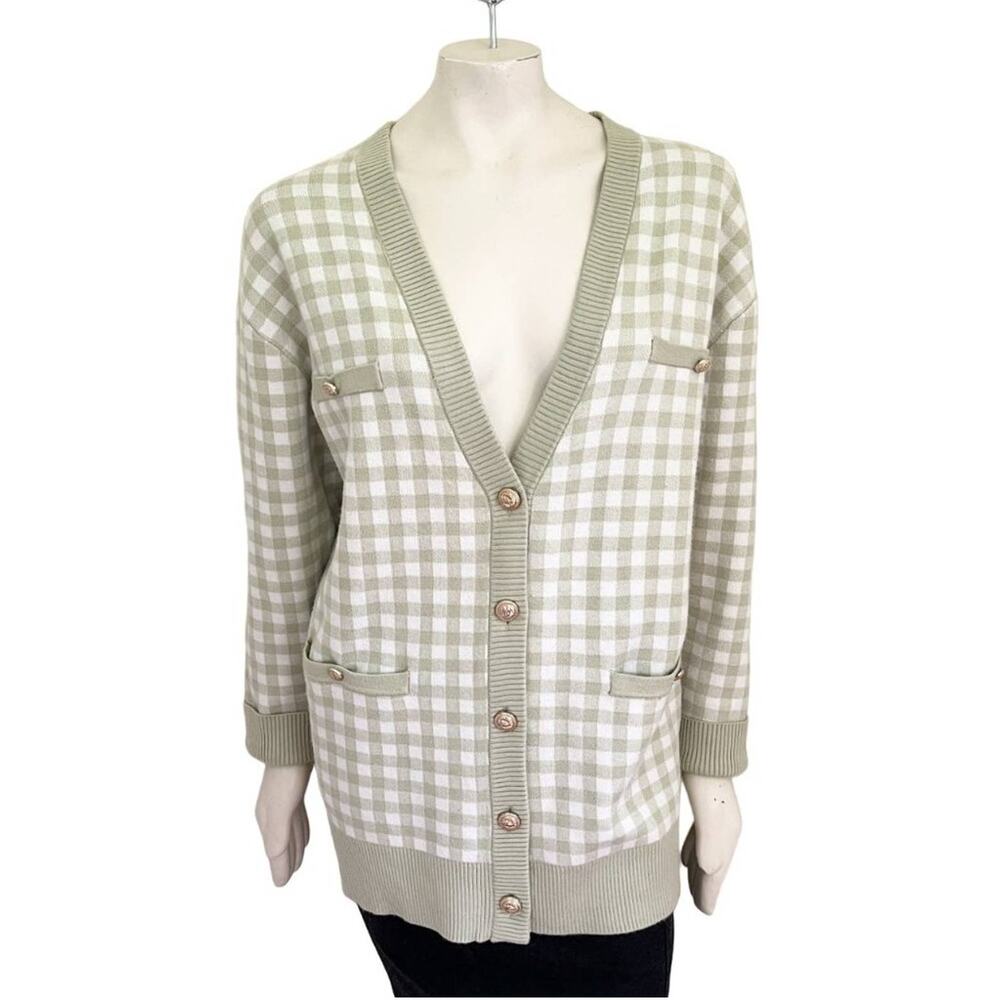 JOIE  Gold Button Gingham Plaid Sweater Blazer in Sage Green & White SZ L